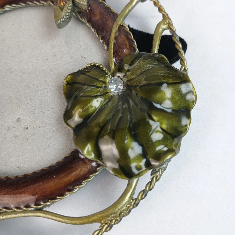 VTG Enameled Metal Jeweled Flowers Dragonflies Round Picture Photo Frame Boho